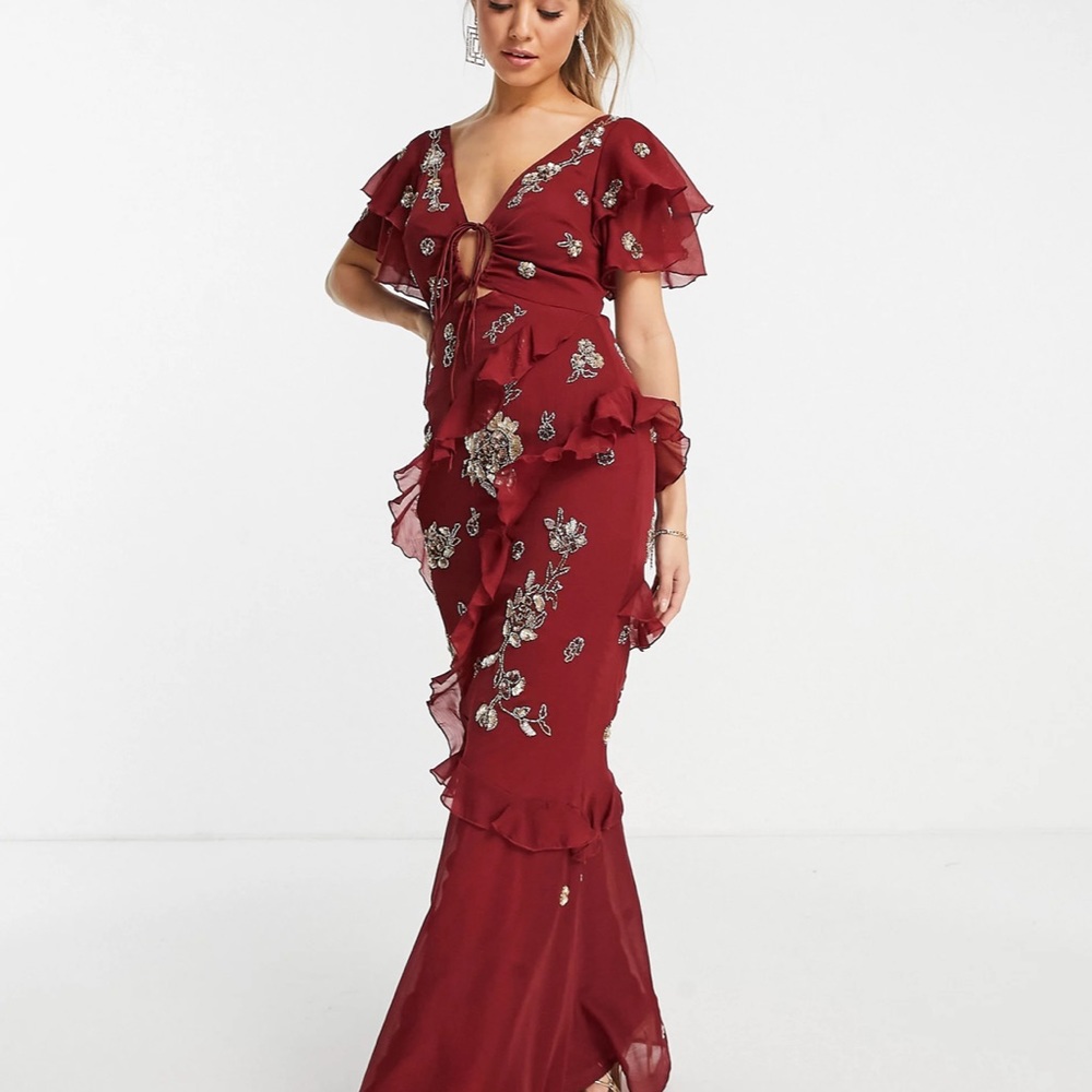 asos formal red sequined short sleeve maxi dress gown